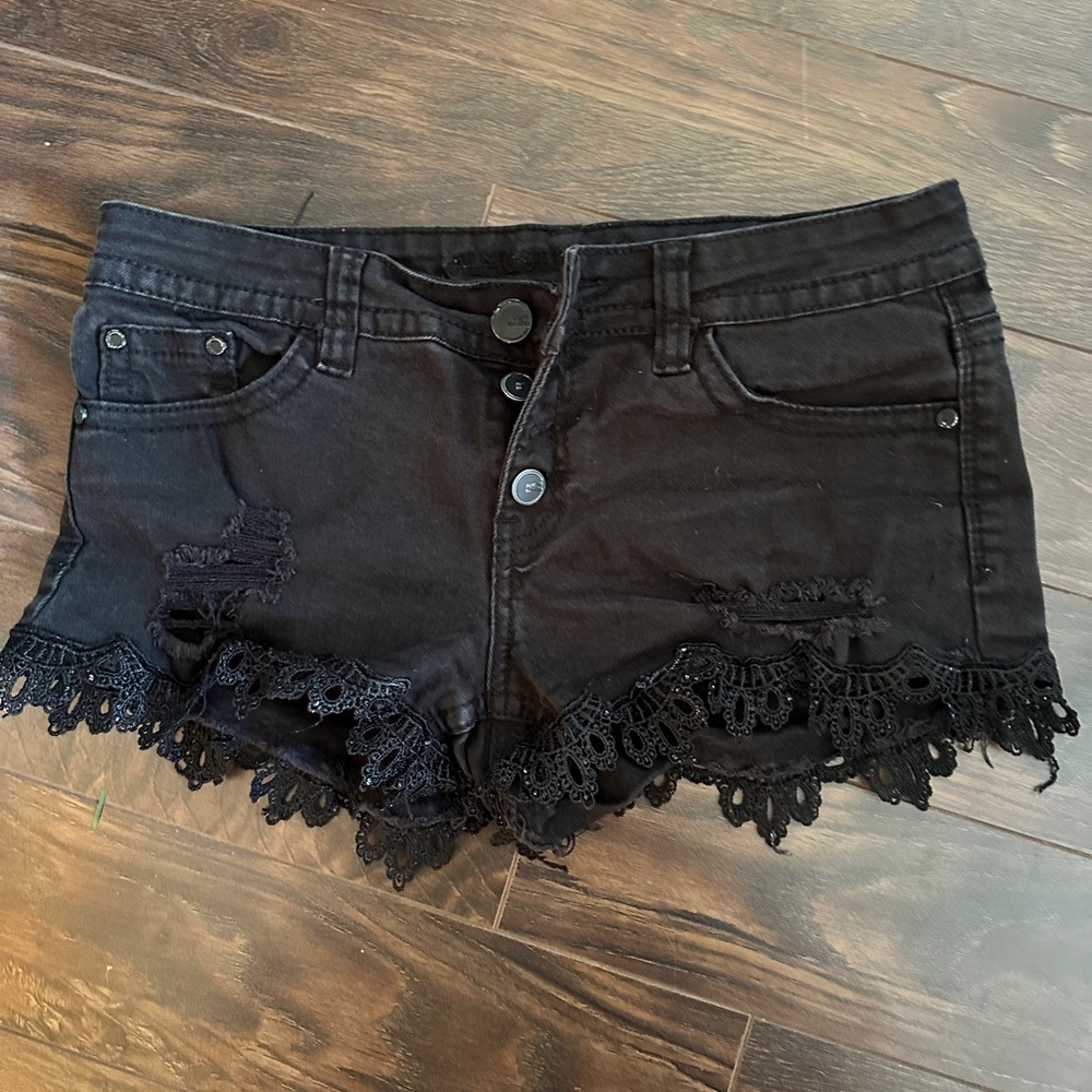 Almost Famous Black Jean Shorts with Lace Trim